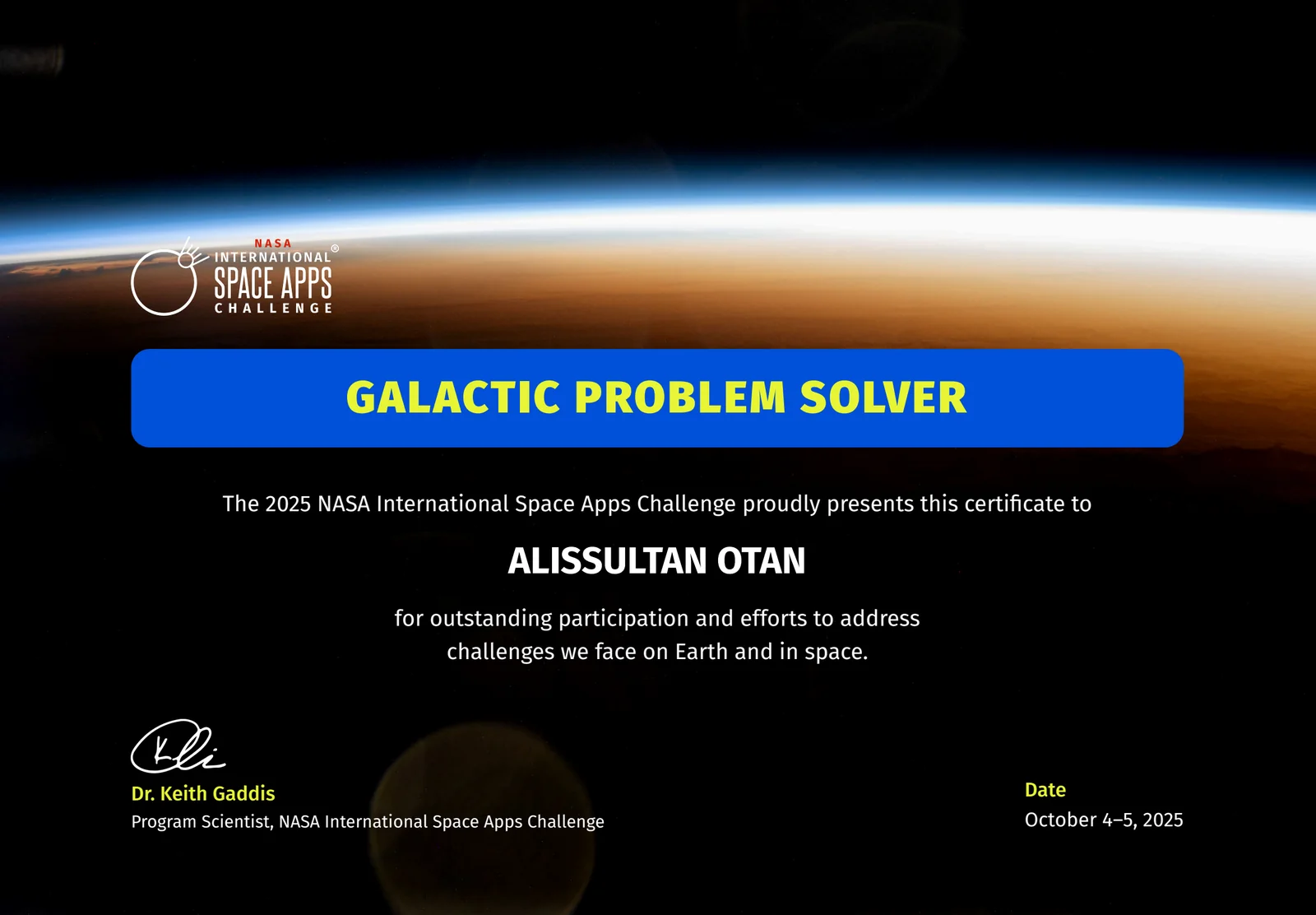 NASA International Space Apps Challenge 2025: Galactic Problem Solver certificate, October 4–5, 2025